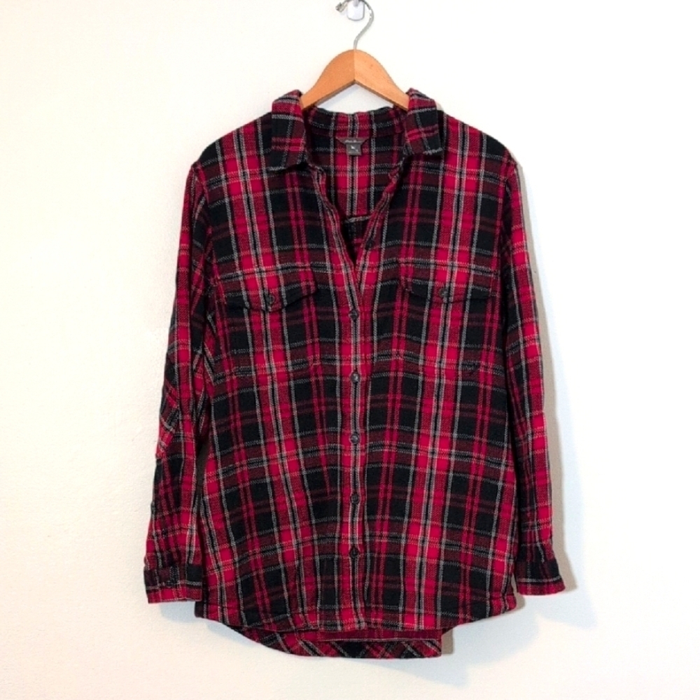 Eddie Bauer Outdoors Red & Black Plaid Flannel Shirt Overshirt Shacket Sz XL